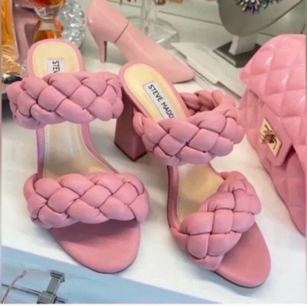 Steve Madden Pink Braided Double-Strap Block Heel Sandals